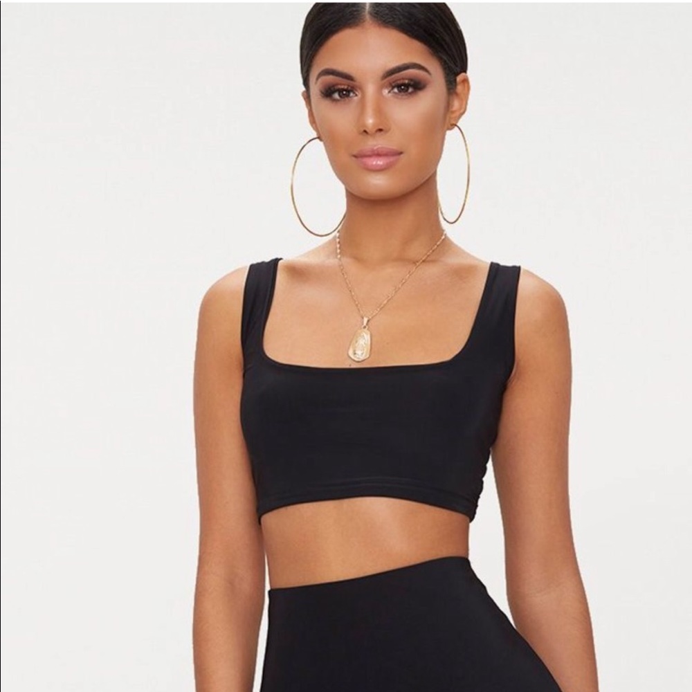 Black Slinky Round Neck Sleeveless Crop Top